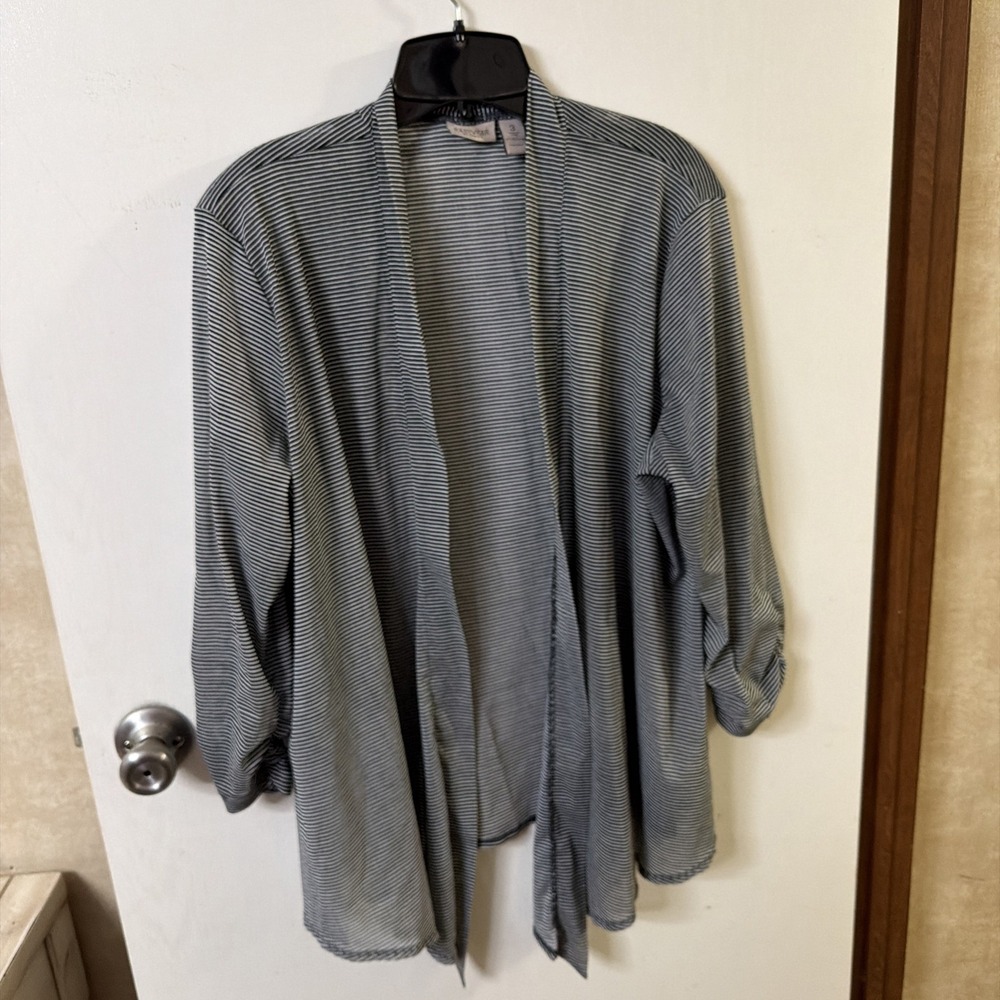 Easywear By Chico's Black Striped Open Front Jacket 3/4 Sleeve Size 3